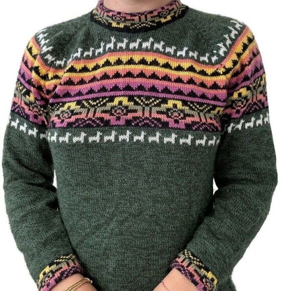 Vintage Womens 100% Alpaca Peruvian Green Geometric Hippie Sweater Sz M - Picture 2 of 6